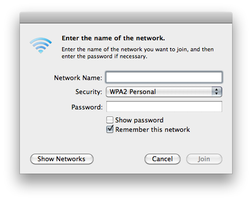 Screenshot of Mac OS X 10.6 dialog for joining a wireless network